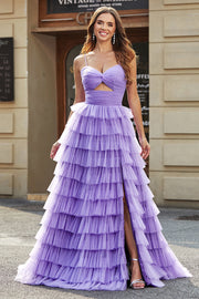 Tulle A-Line Purple Tiered Long Formal Dress with Slit