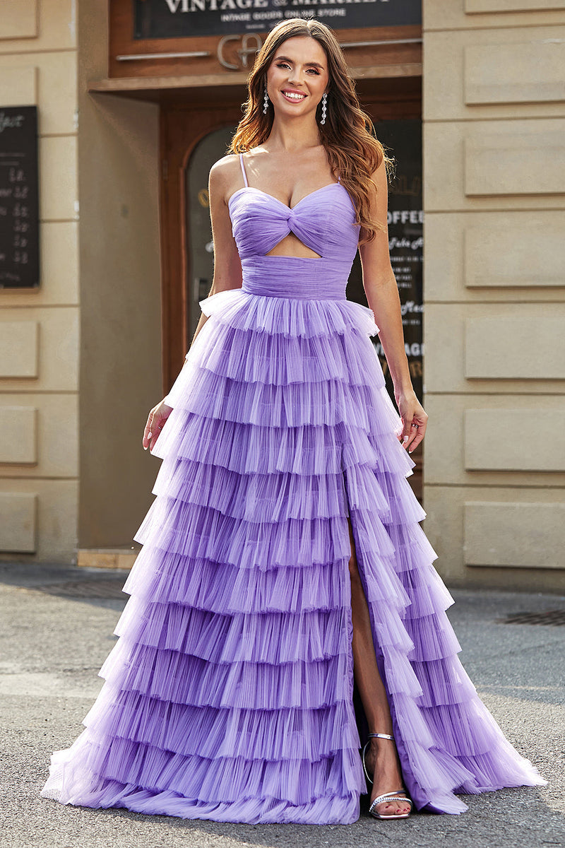 Load image into Gallery viewer, Tulle A-Line Purple Tiered Long Formal Dress with Slit