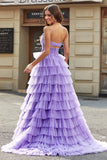 Tulle A-Line Purple Tiered Long Formal Dress with Slit