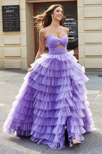 Tulle A-Line Purple Tiered Long Formal Dress with Slit