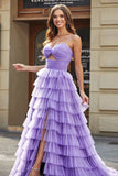 Tulle A-Line Purple Tiered Long Formal Dress with Slit