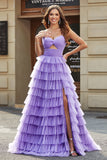 Tulle A-Line Purple Tiered Long Formal Dress with Slit