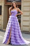 Tulle A-Line Purple Tiered Long Formal Dress with Slit