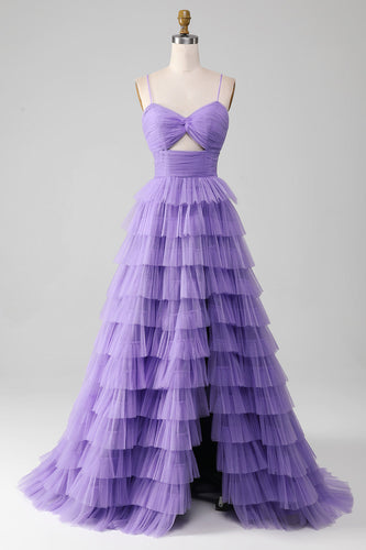 Purple Tulle A-Line Tiered Long Formal Dress with Slit