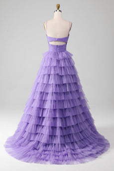 Purple Tulle A-Line Tiered Long Formal Dress with Slit