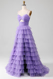 Purple Tulle A-Line Tiered Long Formal Dress with Slit