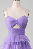 Purple Tulle A-Line Tiered Long Formal Dress with Slit