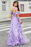 Lavender Printed A line Formal Dress with Removable Sleeves