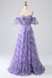 Printed Lavender Off the Shoulder A line Formal Dress with Removable Sleeves