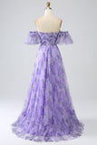 Printed Lavender Off the Shoulder A line Formal Dress with Removable Sleeves