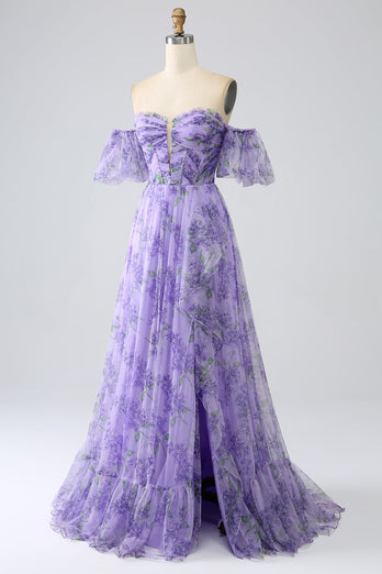 Printed Lavender Off the Shoulder A line Formal Dress with Removable Sleeves