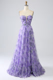 Printed Lavender Off the Shoulder A line Formal Dress with Removable Sleeves