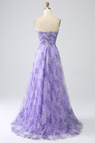 Printed Lavender Off the Shoulder A line Formal Dress with Removable Sleeves