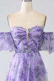 Printed Lavender Off the Shoulder A line Formal Dress with Removable Sleeves