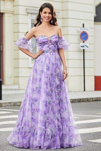 Lavender Printed A line Formal Dress with Removable Sleeves