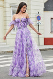 Lavender Printed A line Formal Dress with Removable Sleeves