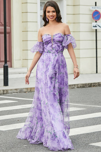 Lavender Printed A line Formal Dress with Removable Sleeves