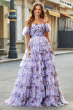 Gorgeous A Line Off the Shoulder Lavender Printed Long Formal Dress with Ruffles