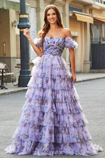 Gorgeous A Line Off the Shoulder Lavender Printed Long Formal Dress with Ruffles
