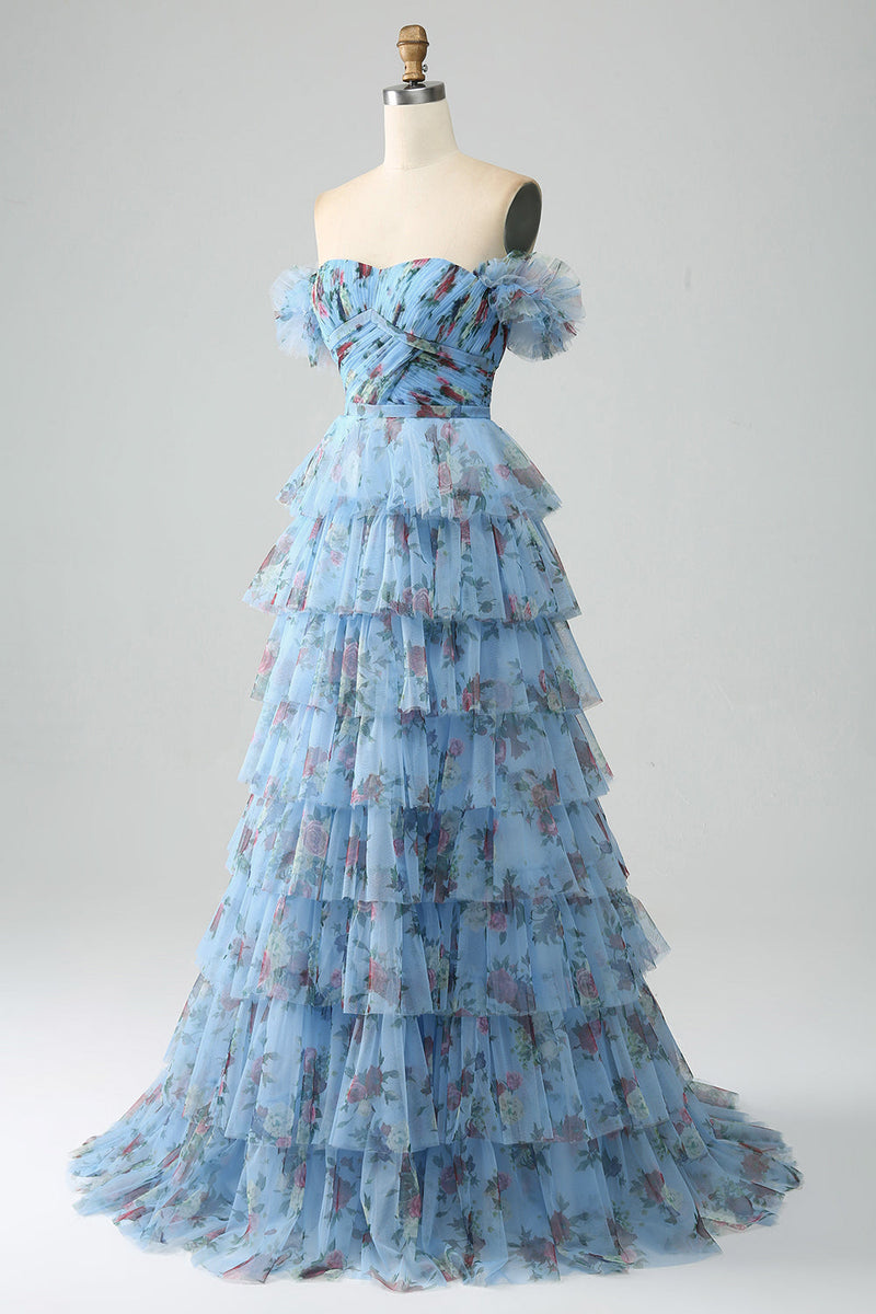 Load image into Gallery viewer, Off the Shoulder Floral Printed Tiered Formal Dress with Pleated