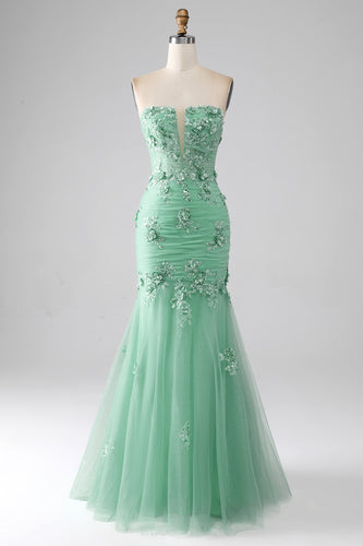 Green Mermaid Strapless Tulle Long Formal Dress with Appliques