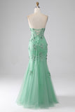 Green Mermaid Strapless Tulle Long Formal Dress with Appliques