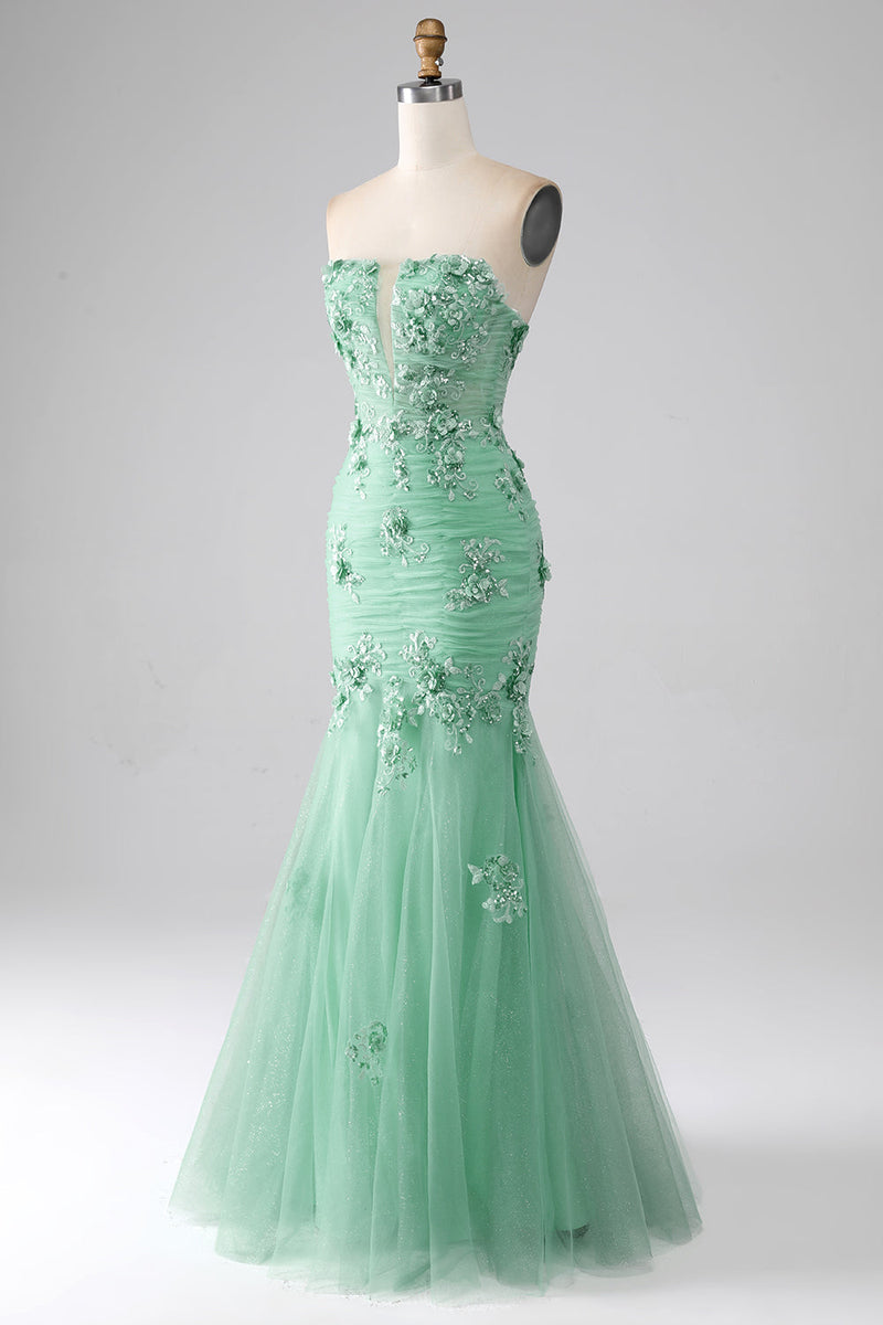Load image into Gallery viewer, Green Mermaid Strapless Tulle Long Formal Dress with Appliques