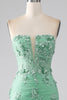 Load image into Gallery viewer, Green Mermaid Strapless Tulle Long Formal Dress with Appliques