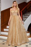 Golden Glitter Corset Long Formal Dress with Flowers