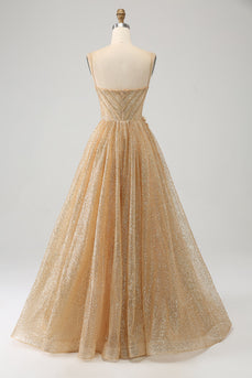 Glitter Golden Corset Long Formal Dress with Flowers