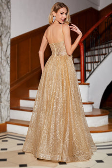 Golden Glitter Corset Long Formal Dress with Flowers
