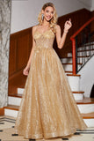 Golden Glitter Corset Long Formal Dress with Flowers