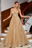 Golden Glitter Corset Long Formal Dress with Flowers