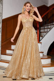 Golden Glitter Corset Long Formal Dress with Flowers