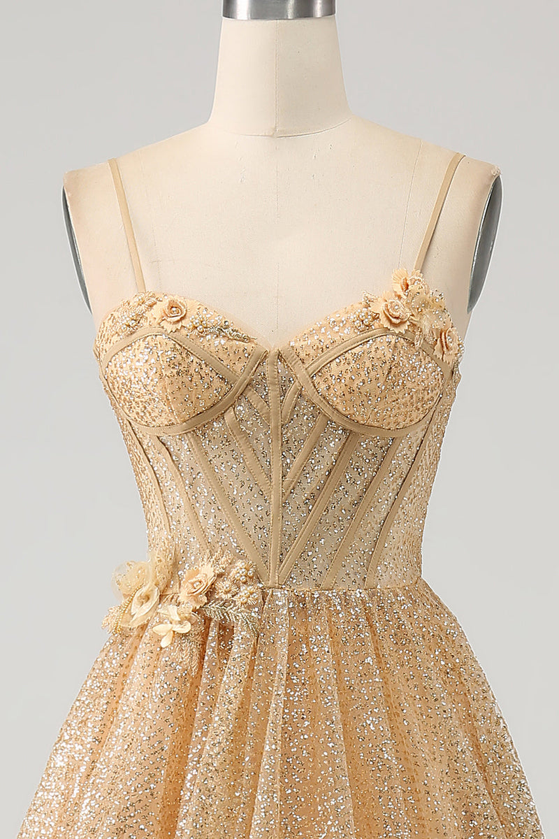 Load image into Gallery viewer, Glitter Golden Corset Long Formal Dress with Flowers