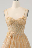 Glitter Golden Corset Long Formal Dress with Flowers