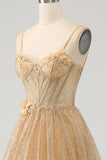 Glitter Golden Corset Long Formal Dress with Flowers