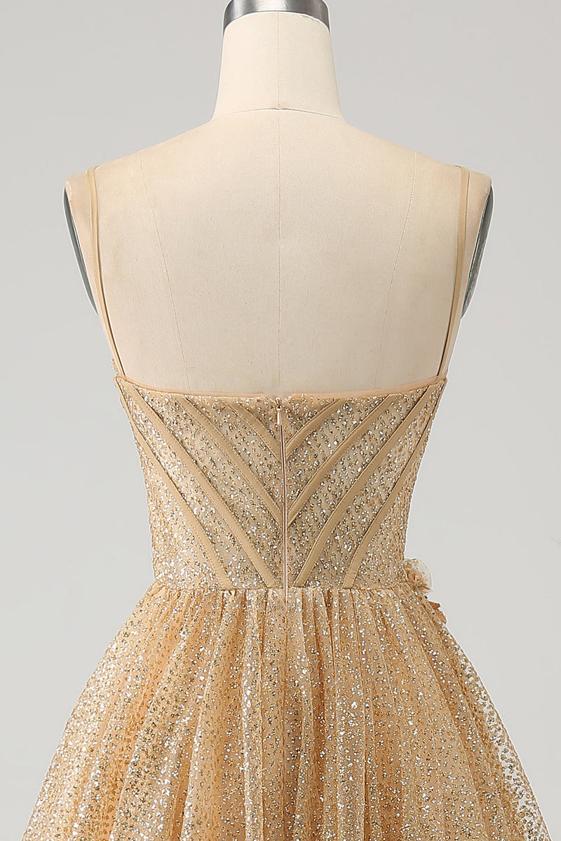 Load image into Gallery viewer, Glitter Golden Corset Long Formal Dress with Flowers
