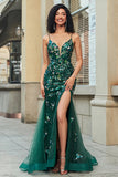 Stunning Mermaid Spaghetti Straps Dark Green Long Formal Dress with Appliques