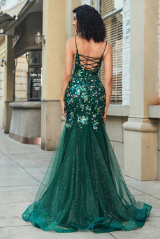 Stunning Mermaid Spaghetti Straps Dark Green Long Formal Dress with Appliques