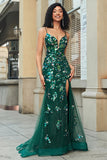 Stunning Mermaid Spaghetti Straps Dark Green Long Formal Dress with Appliques