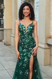 Stunning Mermaid Spaghetti Straps Dark Green Long Formal Dress with Appliques