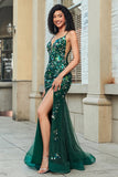 Stunning Mermaid Spaghetti Straps Dark Green Long Formal Dress with Appliques