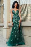 Stunning Mermaid Spaghetti Straps Dark Green Long Formal Dress with Appliques