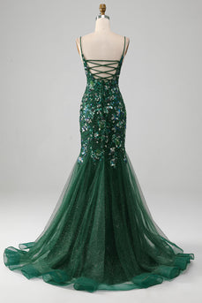 Mermaid Lace-Up Back Dark Green Formal Dress with Appliques