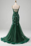 Mermaid Lace-Up Back Dark Green Formal Dress with Appliques