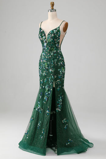 Mermaid Lace-Up Back Dark Green Formal Dress with Appliques