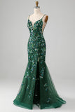 Mermaid Lace-Up Back Dark Green Formal Dress with Appliques