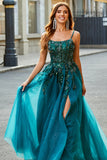 Gorgeous A Line Spaghetti Straps Dark Green Long Formal Dress with Appliques