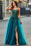 Gorgeous A Line Spaghetti Straps Dark Green Long Formal Dress with Appliques